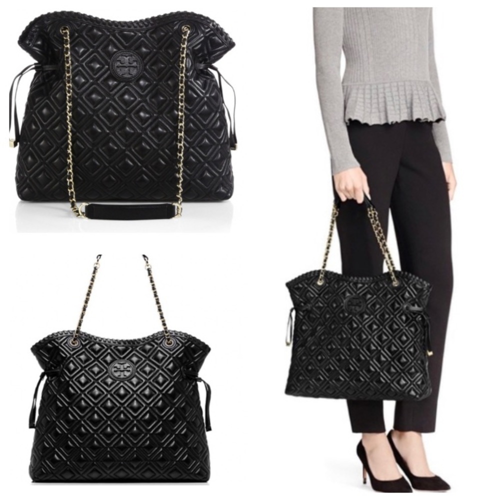 Tory Burch Marion Quilted Leather Slouchy Tote/Shoulder Bag in Black.